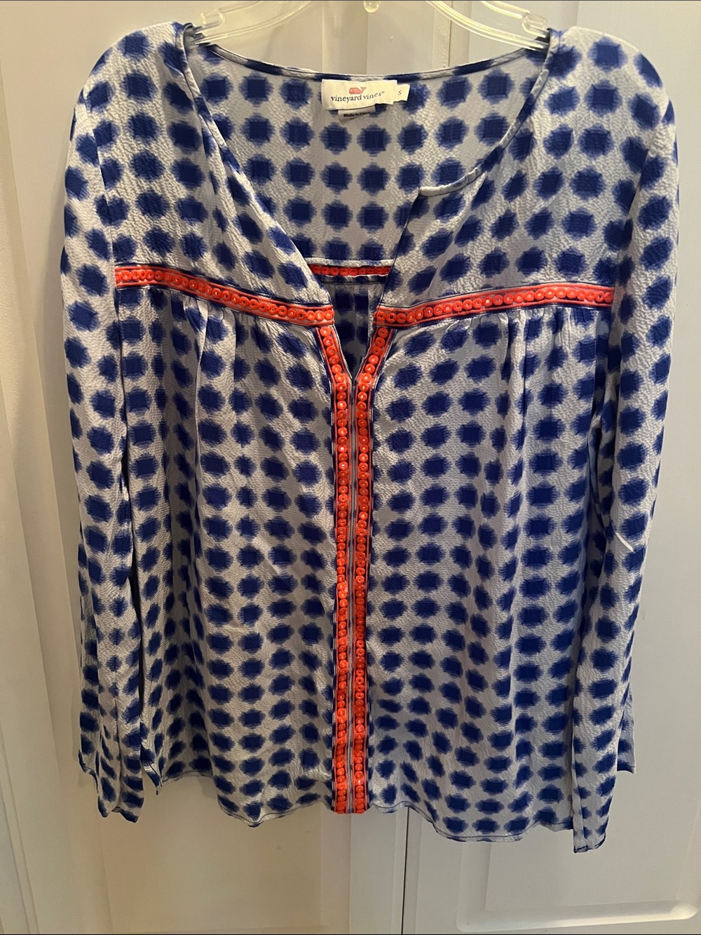 Vineyard Vines Navy Dot Tunic with Coral Neon Trim Silk Top